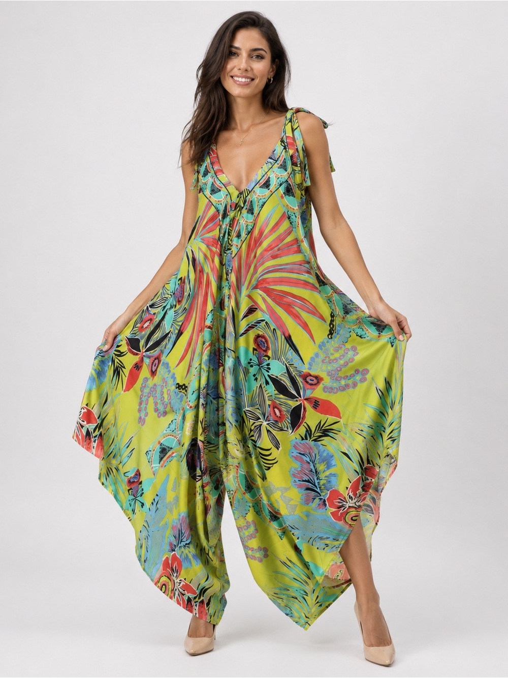 Bright Green Tropical Floral Jumpsuit